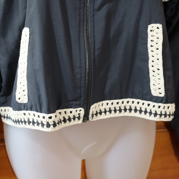 Free People Navy Blue Crochet Trim Zip Front Cropped Bomber Jacket Medium - Picture 6 of 16
